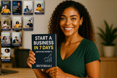 Woman holding a book titled 'Start a Business in 7 Days (with No Money)' by Biztorials in a room with multiple books on the wall.