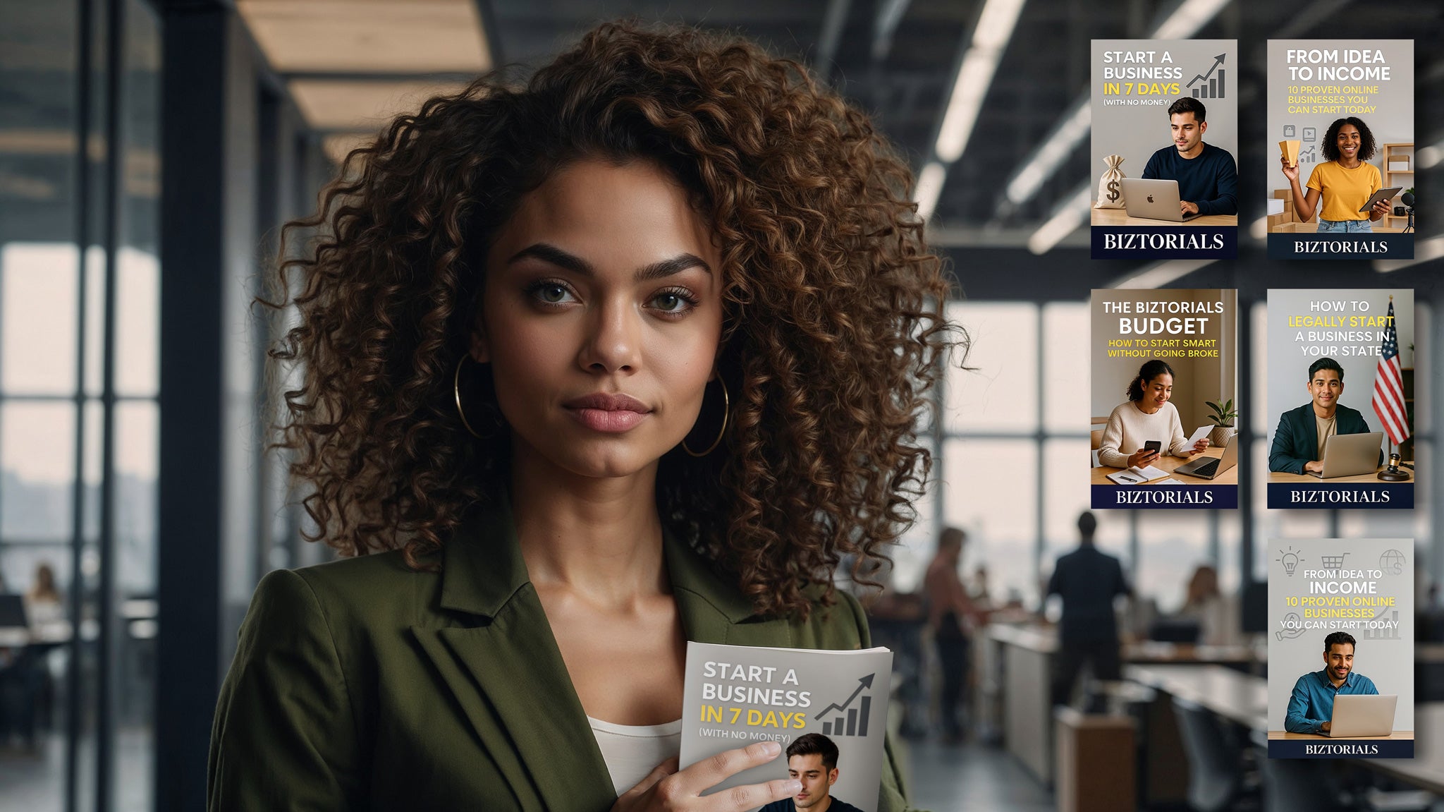 Woman holding a book with promotional images of other books on a blurred office background