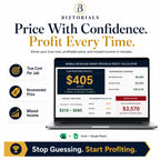 Advertisement for Biztorials mobile detailing pricing tool on a laptop screen with text about true cost, profit, and missed income.