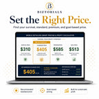 Biztorials mobile detailing pricing calculator software on a laptop screen with branding and text.