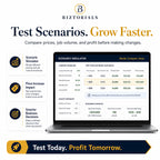 Advertisement for Biztorials mobile detailing scenario simulator with laptop displaying software interface.