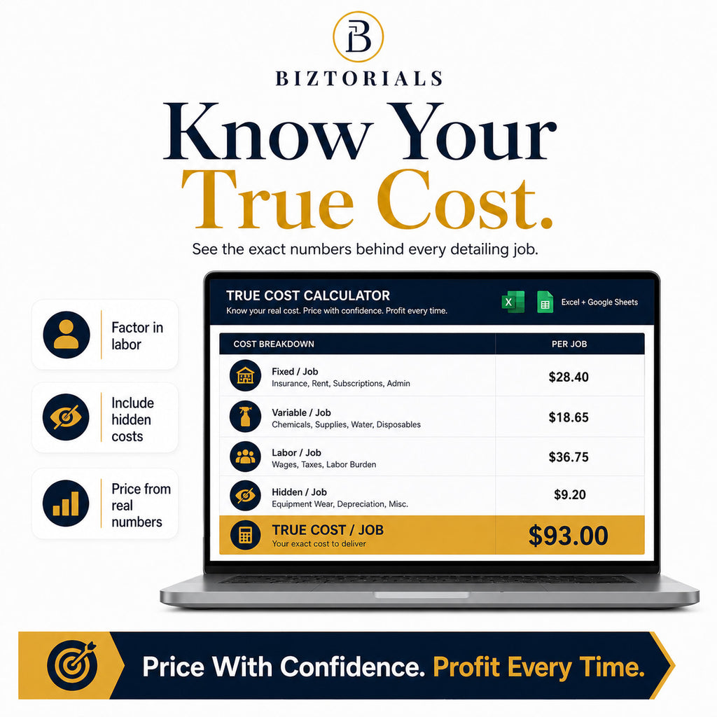Advertisement for Biztorials True Cost Calculator showing a laptop screen with cost breakdown details.