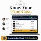 Advertisement for Biztorials True Cost Calculator showing a laptop screen with cost breakdown details.